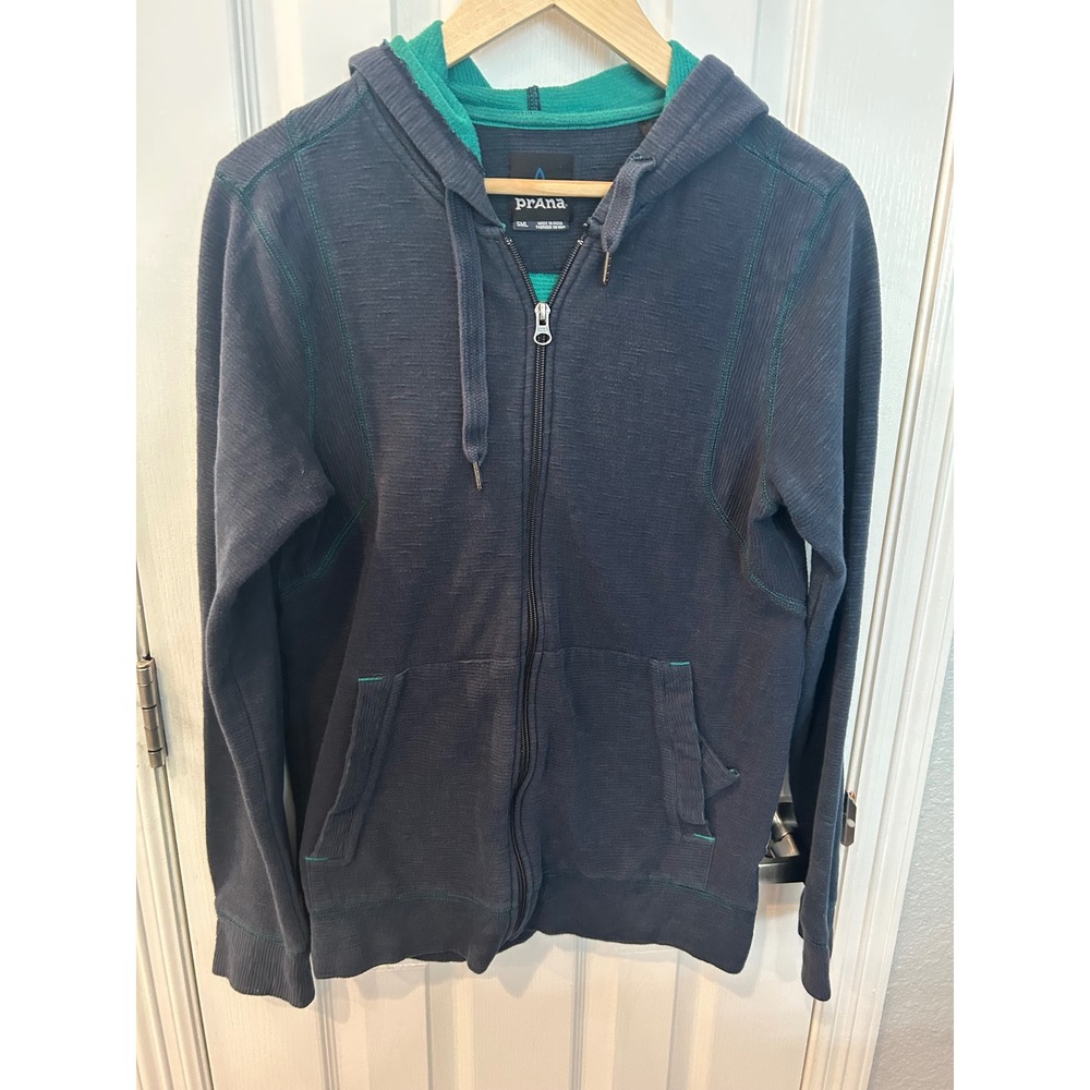 Prana Full Zip Hoodie Blue Green Contrast Stitch‎ Slub Knit Organic Cotton Small